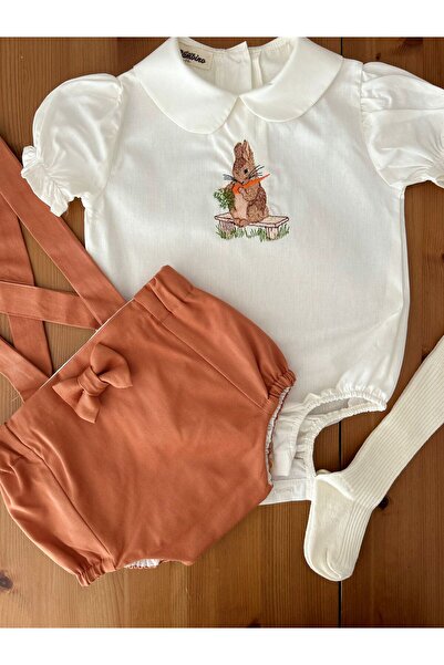 il mio bambino Handmade 100% Cotton Baby Girl Rabbit Embroidery Short Shirt, Jumpsuit - Romper Set