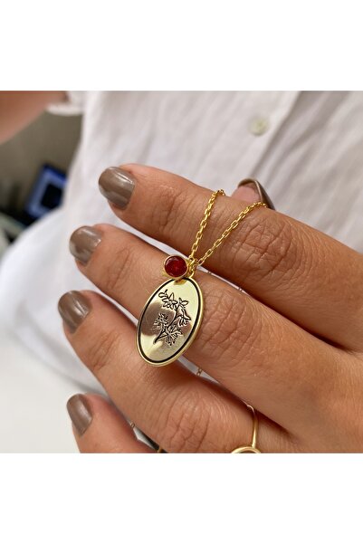 simurg jewellery 925 Ayar Gümüş Temmuz Doğum Taşı Yakut Kolye – Çiçek Desenli...