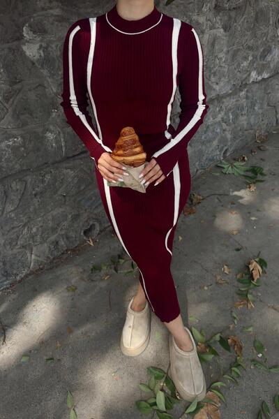 Swist Bordo Monero Bisiklet Yaka İntersiye Çizgili Kadın Triko Midi Elbise