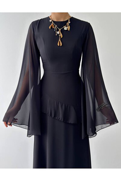 Miss Beyoğlu Kadın Volanlı Uzun Kol Tül Uzun Elbise