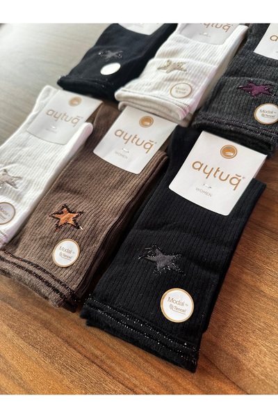 Aytuğ Premium Modal Seamless Star Embroidered Comfortable Women's Socks 6-Pack