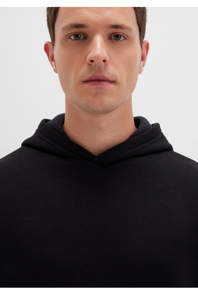 Mavi kapüşonlu basic loose fit sweatshirt