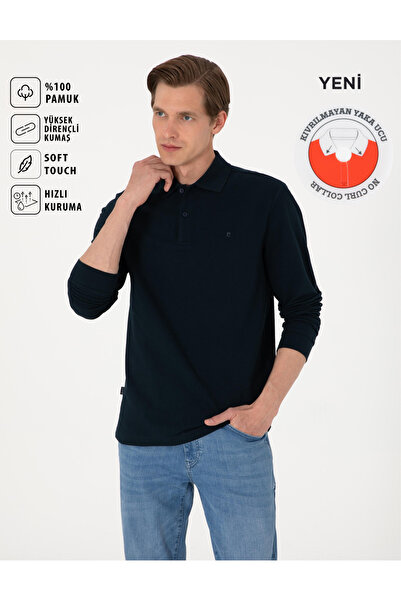 Pierre Cardin Μπλε ναυτικό εφαρμοστό μακρυμάνικο φούτερ με γιακά πόλο που δεν μπορεί να συρφαληθεί