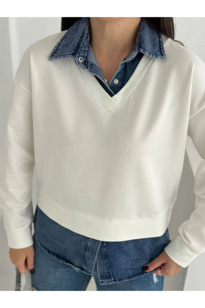 bysoca Cămașă ecru pentru femei, cu decolteu în V, cu detaliu de blugi, cu mâ...