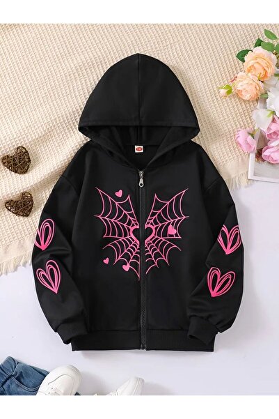 Kalic Studio Gothic Heart Printed Oversized Zip-Up Sweatshirt Black