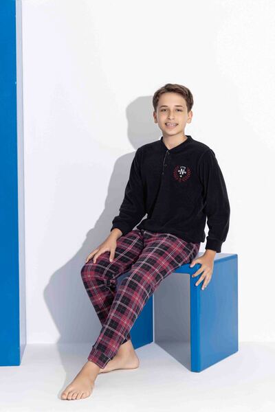 Tarık Ανδρικό σετ χειμωνιάτικων ζεστών πιτζάμες από ύφασμα φλις με μακρυμάνικο καρό και τετράγωνο σχέδιο DAD-SON