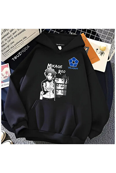 Le Savu Φούτερ Isagı Yoıchı με τύπωμα σε μαύρο χρώμα με κουκούλα