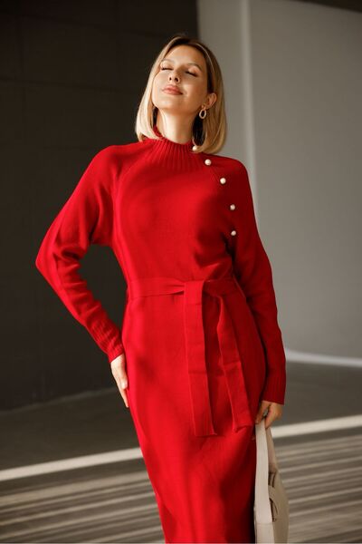EsSo butik Button Detailed Raglan Sleeve Belted Knitwear Dress