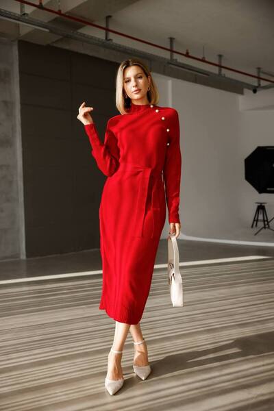 EsSo butik Button Detailed Raglan Sleeve Belted Knitwear Dress