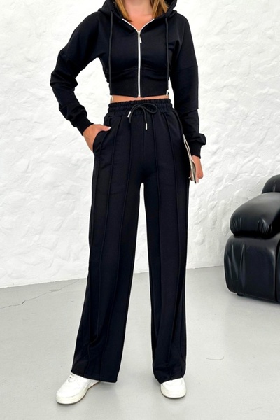 FashionForYou Σετ casual WalKING Time, φούτερ και παντελόνι με ανάγλυφες ρίγες, μαύρο