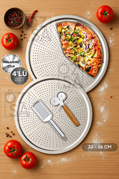 ÖzSa Home 4 Pieces Large Size Perforated Pizza Tray Set Lahmacun Tray Cheese Grater Pizza Cutter Set 32-36cm