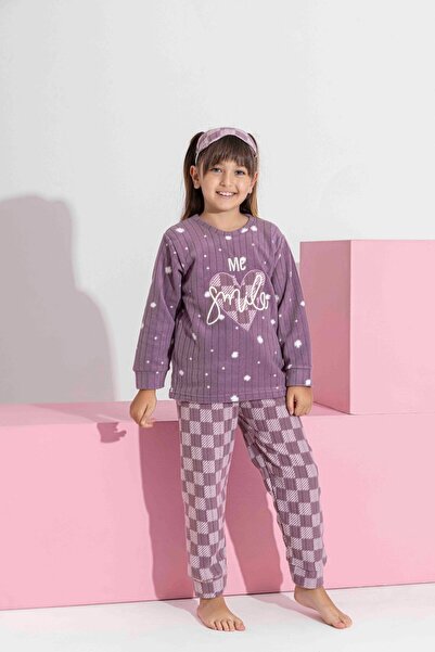 Tarık Kız Genç Ve Çocuk Lila Kare Desenli Uzun Kollu Polar Peluş Kumaş Kışlık Sıcak Tutan Pijama Takımı