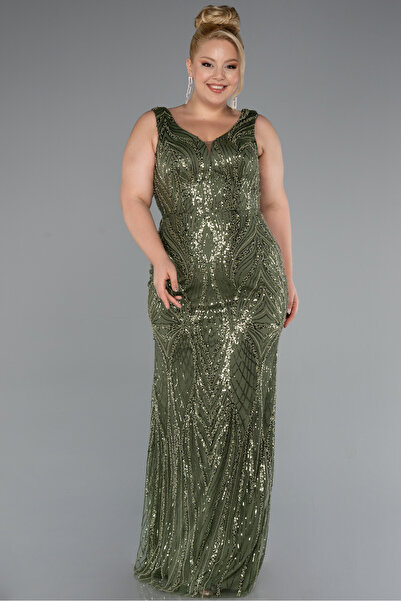 Abiyefon Haki Kolsuz Boncuklu Uzun Büyük Beden Abiye ABU5188