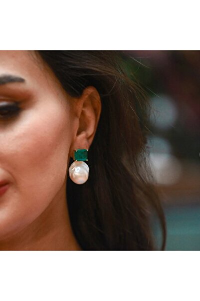 ByNeval 925 Ayar Gümüş 14 Ayar Altın Kaplama Barok İnci Küpe | Dikdörtgen Tas...