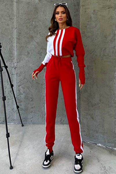 FashionForYou One Balance tracksuit, blouse with glove-style cuffs and elasticated waistband pants, Red