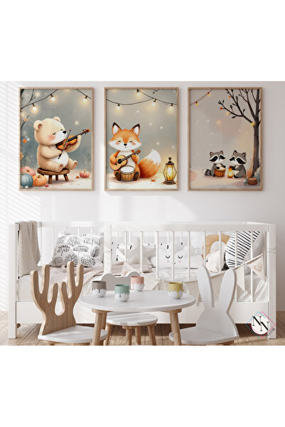 NN DECOR Müzisyen Hayvanlar 3'lü Set - Doğal Ahşap Çerçeveli, Bebek Ve Çocuk ...