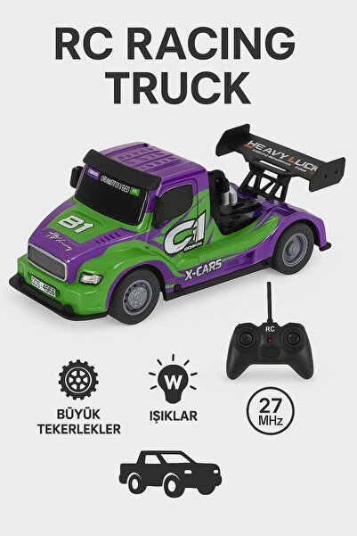OVATEX Uzaktan Kumandalı Şarlı Işıklı Oyuncak Yarış Kamyonu Yeşil-Mor