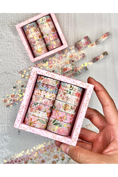 ZeCo Collection Masking Tape Yaldızlı Çiçek Desenli 12’li Pembe Kutu Washi Bant/washi Tape/Bullet Journal/ Scrapbook