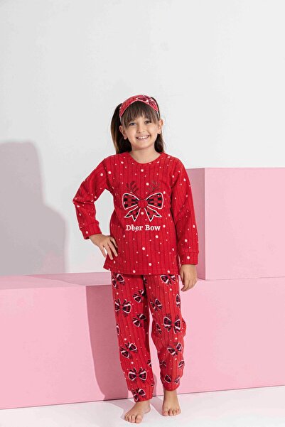 Tarık Girl Teen and Children Red Bow Pattern Long Sleeve Fleece Plush Fabric Winter Warm Pajamas Set