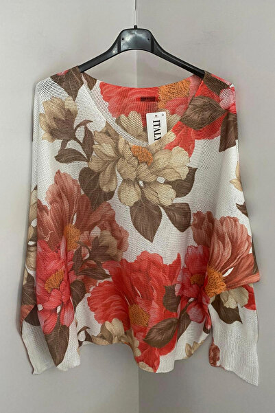 AYASOFYA OTANTIK Women's Italian Pomegranate Blossom V-Neck Vintage Floral Pattern Loose Mercerized Blouse