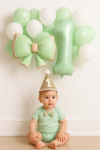 parti show Ρετρό Πράσινο Σετ Καπέλο και Μπαλόνι για 1ο Έτος Γενεθλίων