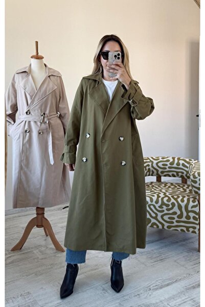BeeYouStudio Kruvaze Yaka Kolları Kemerli Düğmeli Uzun Trençkot
