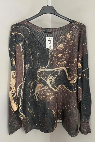 AYASOFYA OTANTIK Women's Italian Black Brown V-Neck Vintage Batik Patterned Loose Mercerized Blouse