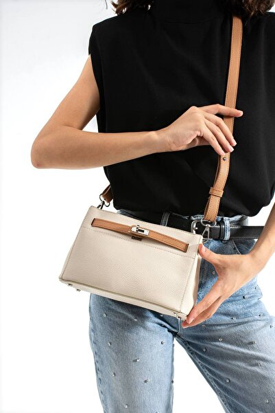 Çanta Trend حقيبة نسائية متعددة الأقسام بحزام متقاطع وتفاصيل قفل بلون الكريم-...