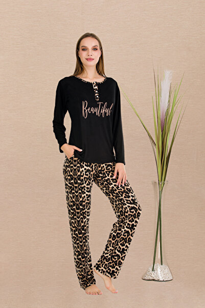 MOPİ طقم بيجامة بنقشة الفهد بأكمام طويلة - مريح وأنيق