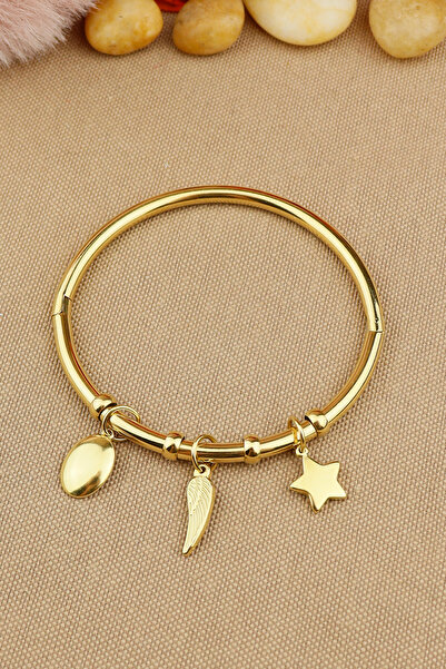 Keyifli Hayaller 316L Çelik Kelepçe Bileklik | Yıldız - Kanat Charmlı Çelik Kelepçe Bileklik | Çap:6,2 cm