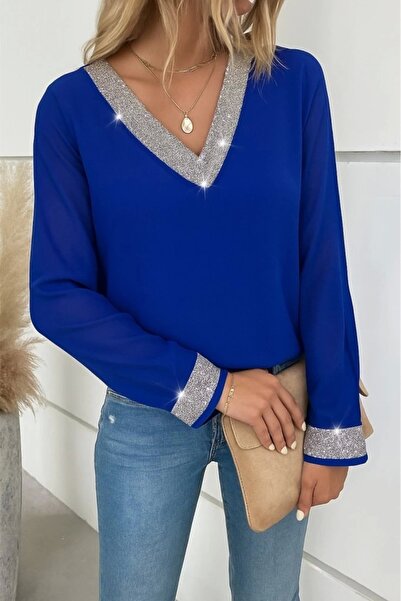 Monapera Γυναικεία μακρυμάνικη μπλούζα από κρεπ εισαγωγής με λαιμόκοψη με παγιέτες