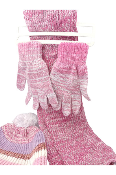 Mustran Children's Scarf, Beanie, Gloves Set of 3 Unisex Waiter Pom-Pom Furry Drawstring Knitwear Winter Gift