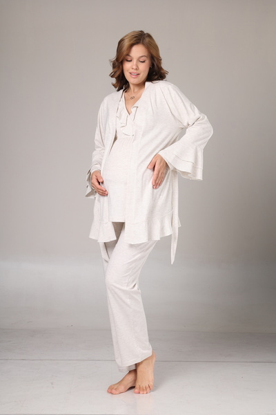 Lohussa Women's Beige Flared Sleeve Double-Breasted Collar Winter Special Design Maternity Pajama Set