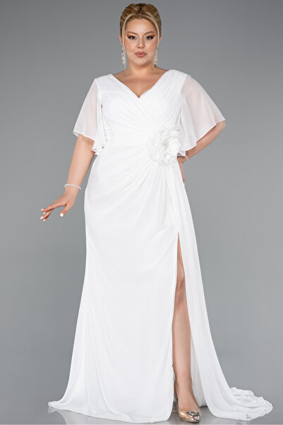 Abiyefon Ekru Kısa Kol Bacak Dekolteli Uzun Şifon Büyük Beden Abiye ABU4911