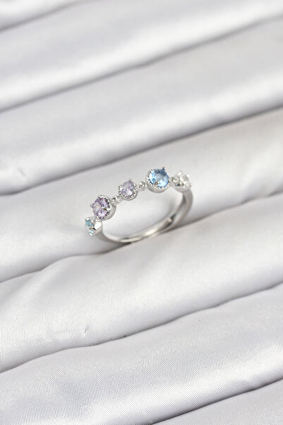 PAZAR DÜNYASI خاتم نسائي نحاسي فضي اللون مرصع بحجر الزركون - ليسينيا