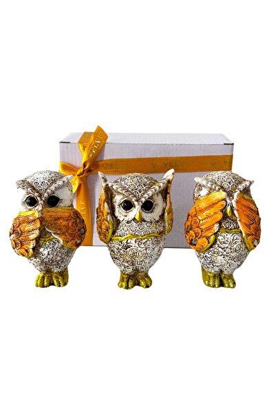 velve Set 3 Figurine Decorative, Bufnitele "Nu aud, Nu vad, Nu vorbesc", Auriu, 10x5cm