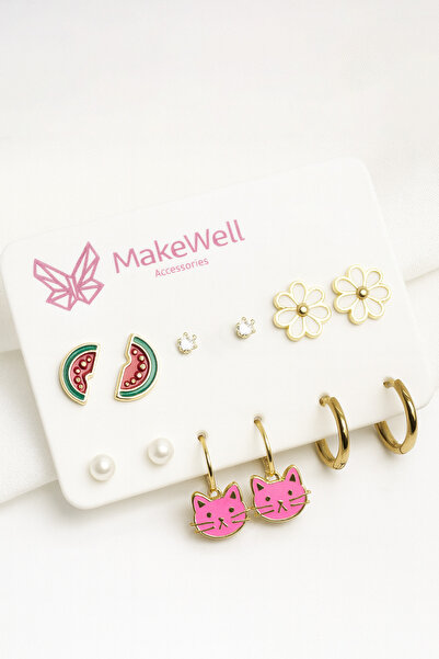 MakeWell Gökkuşağı Çilek Panda Unicorn Kalp Karpuz Çiçek Tasarımlı İnci Zirkon Halka Küpeli Çocuk Küpe Seti