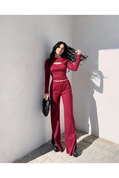 Ethab Ticaret Detailed Top and Bottom Set with Windows in Burgundy