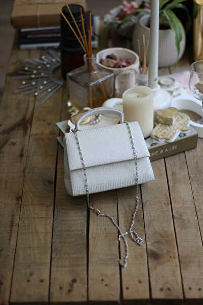 Moom Bag Women's White Glitter Stone Detail Evening Dress Shoulder Bag