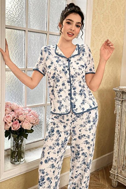 Moda Ebrar Σετ καλοκαιρινής πιτζάμα με μπλε λουλουδάτο κουμπί 7347 -ΣΥΛΛΟΓΗ