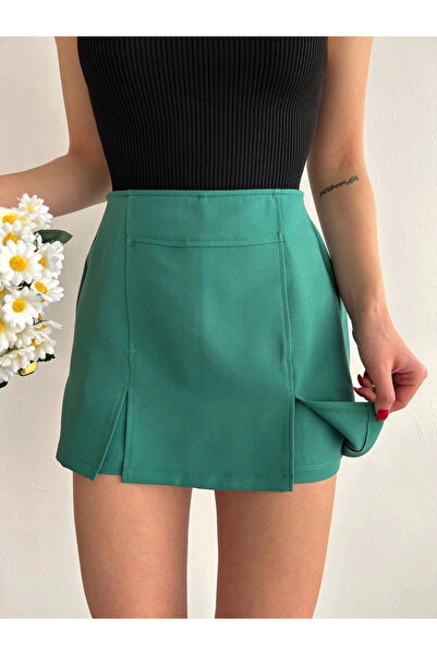 Ethab Ticaret Double Slit Atlas Shorts Skirt Green S240364