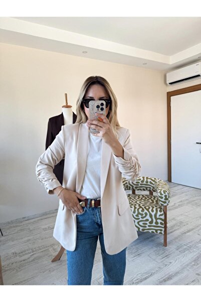 BeeYouStudio Drawstring Sleeves Double Breasted Collar Buttonless Blazer Jacket