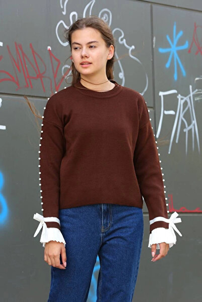 Ethab Ticaret Even Detailed Sweater with Beads Coffee