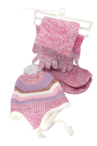 Mustran Children's Scarf, Beanie, Gloves Set of 3 Unisex Waiter Pom-Pom Furry Drawstring Knitwear Winter Gift