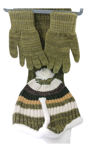Mustran Children's Scarf, Beanie, Gloves Set of 3 Unisex Waiter Pom-Pom Furry Drawstring Knitwear Winter Gift