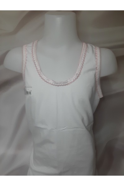 Butik White Collar, Powder-Colored Embroidered 100% Cotton Thick Strap Girls' Tank Top