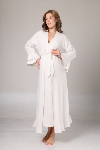 Lohussa Kadın Bej Volanlı Uzun Kol Tam Boy Kışlık Özel Tasarım Lohusa Hamile Sabahlık Gecelik Seti