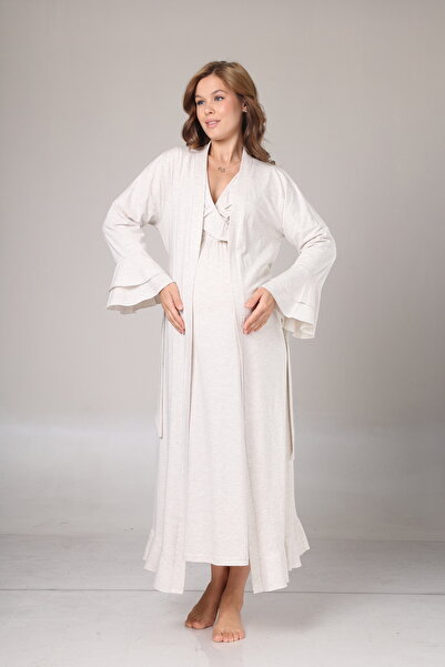 Lohussa Kadın Bej Volanlı Uzun Kol Tam Boy Kışlık Özel Tasarım Lohusa Hamile Sabahlık Gecelik Seti