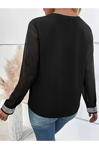 ARONA Turega Style Women's Long Sleeve V Sequin Collar Imported Crepe Blouse