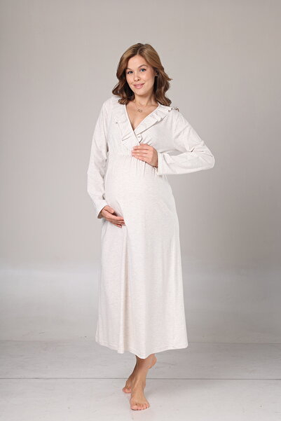 Lohussa Kadın Bej Volanlı Uzun Kol Tam Boy Kışlık Özel Tasarım Lohusa Hamile Sabahlık Gecelik Seti
